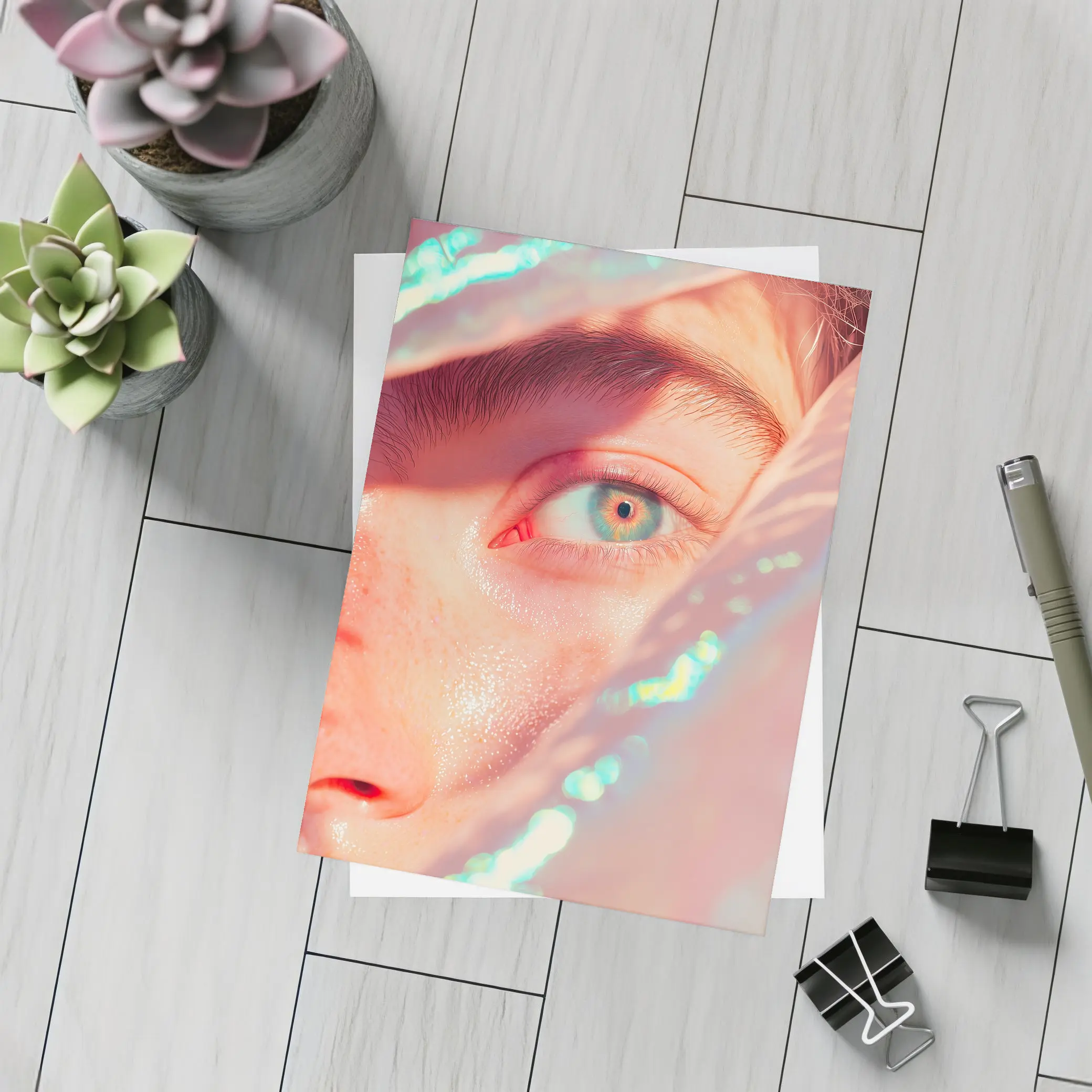 Close Up Blue Eye Holographic Light Portrait – Postcards