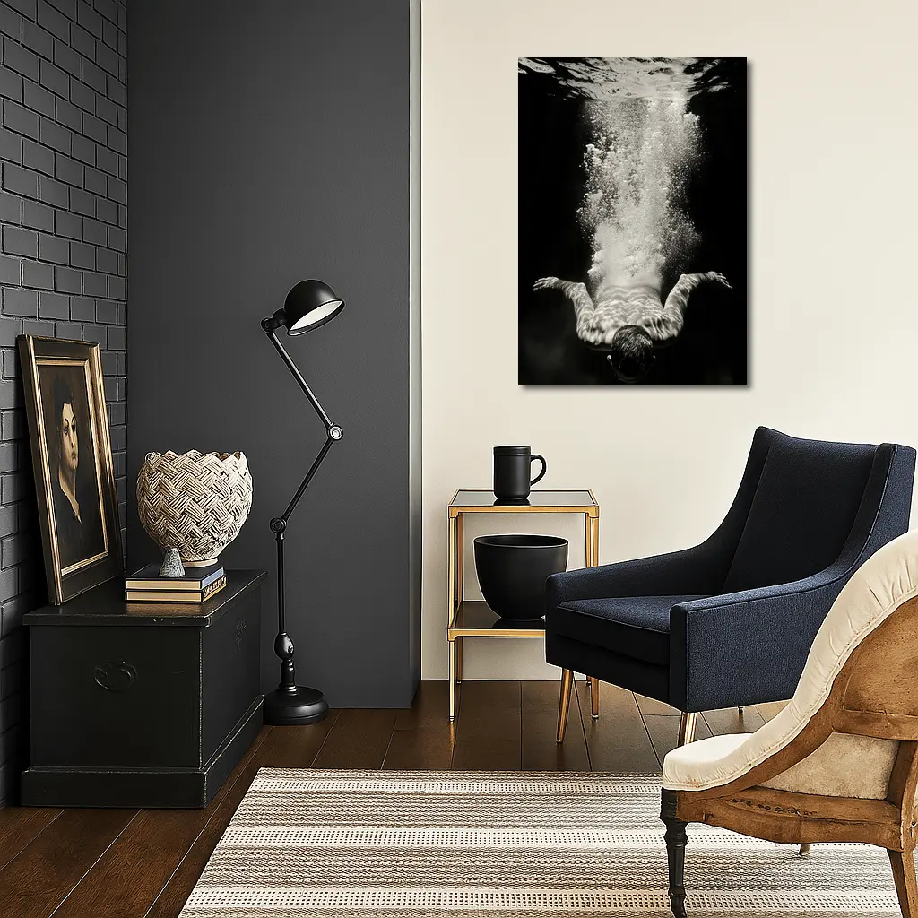 Man Diving Underwater Black White Photography – Wall Art