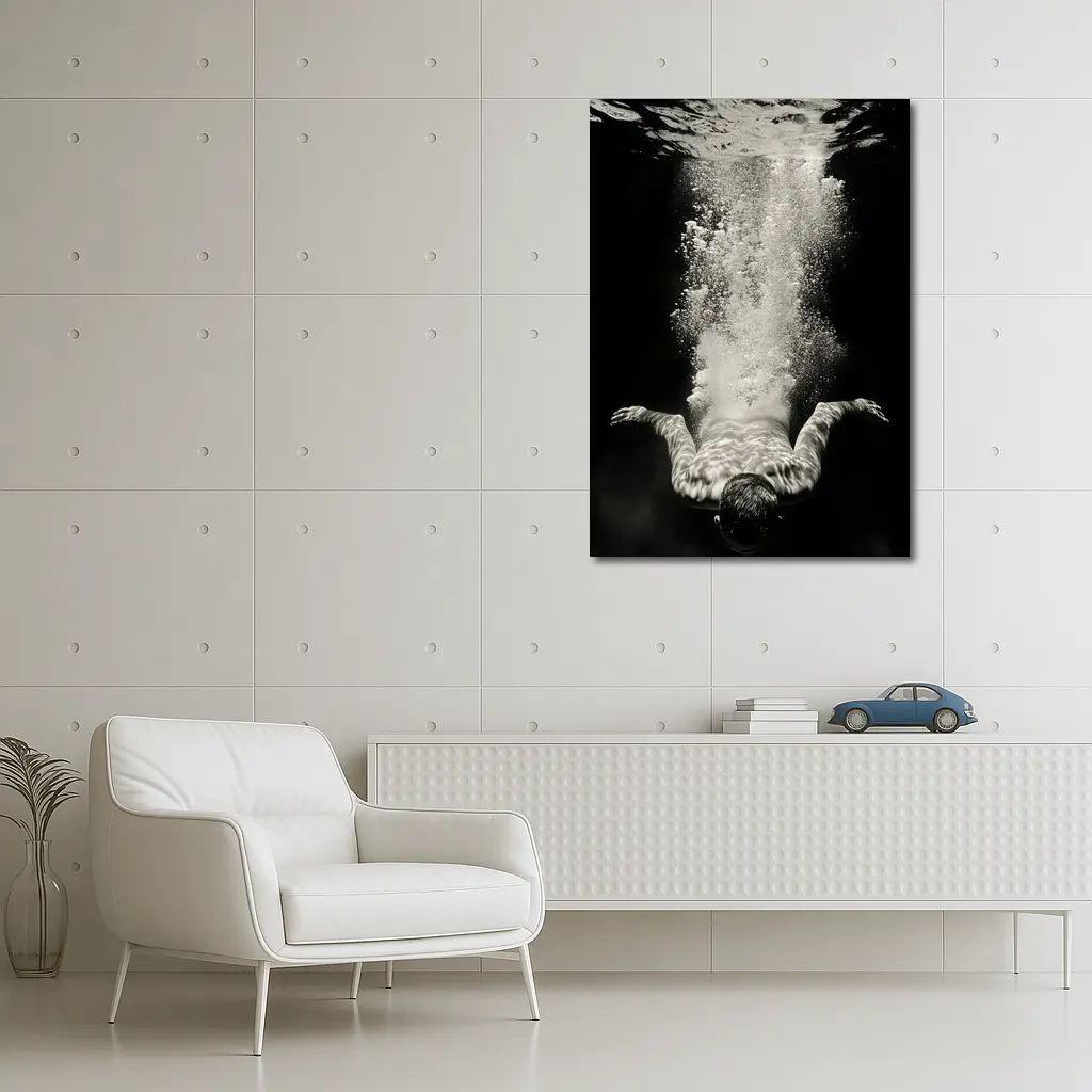 Man Diving Underwater Black White Photography – Wall Art