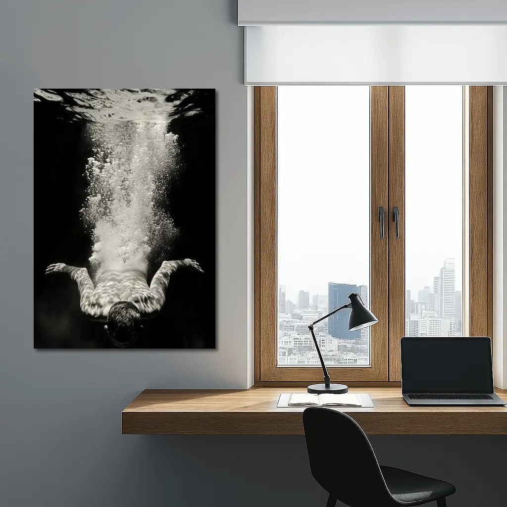 Man Diving Underwater Black White Photography – Wall Art