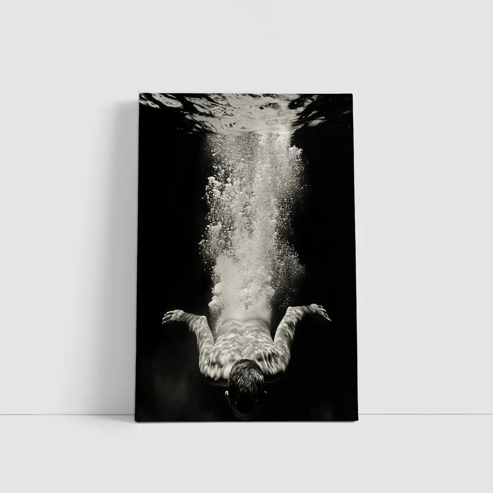 Man Diving Underwater Black White Photography – Wall Art