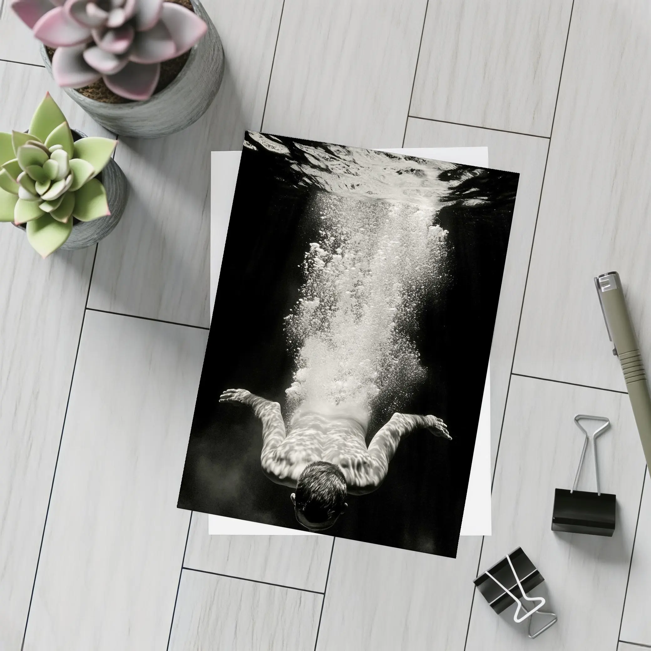 Man Diving Underwater Black White Photography – Postcards