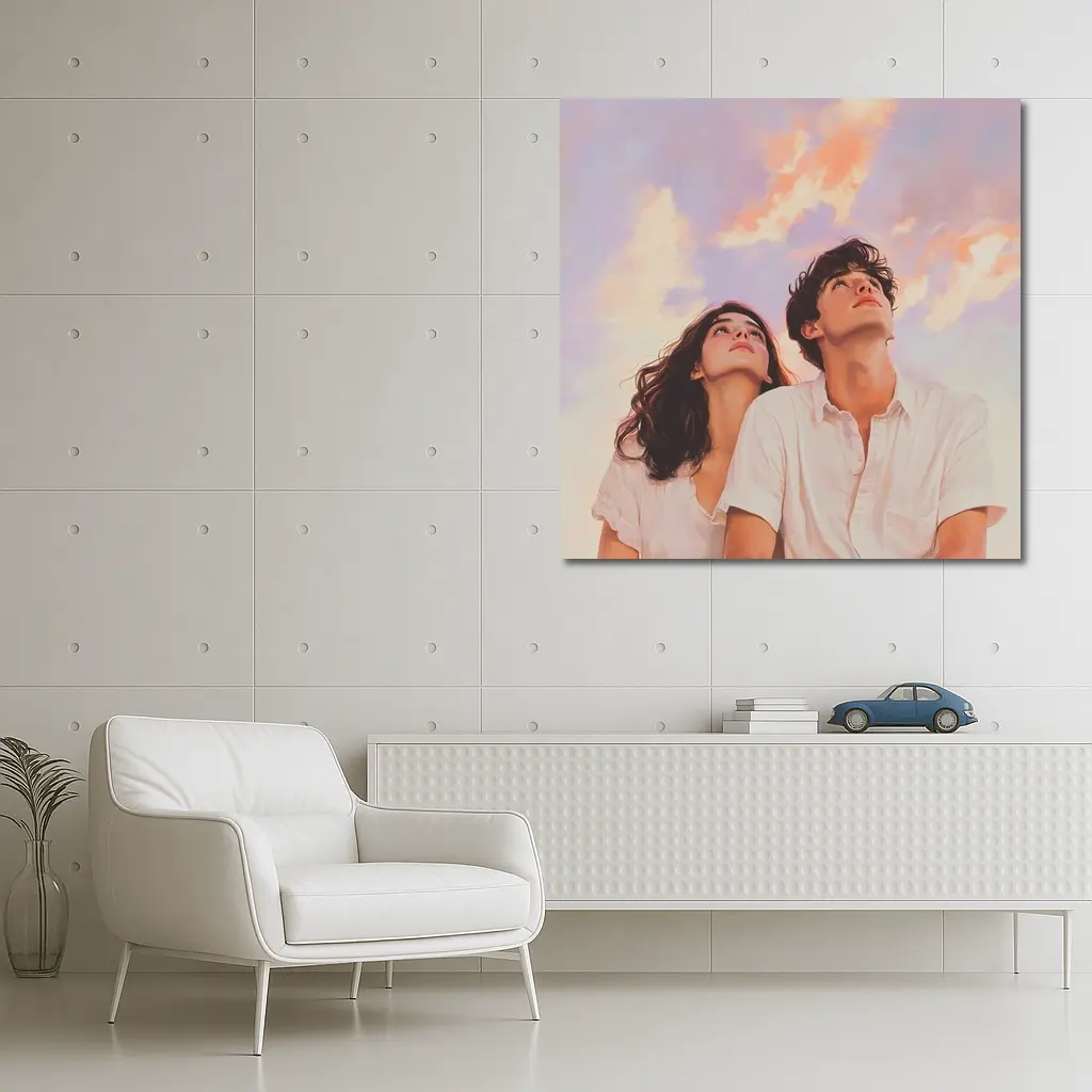 Young Couple Gazing Up Pastel Sky – Wall Art
