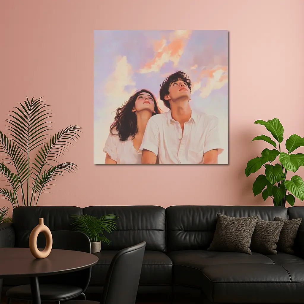 Young Couple Gazing Up Pastel Sky – Wall Art