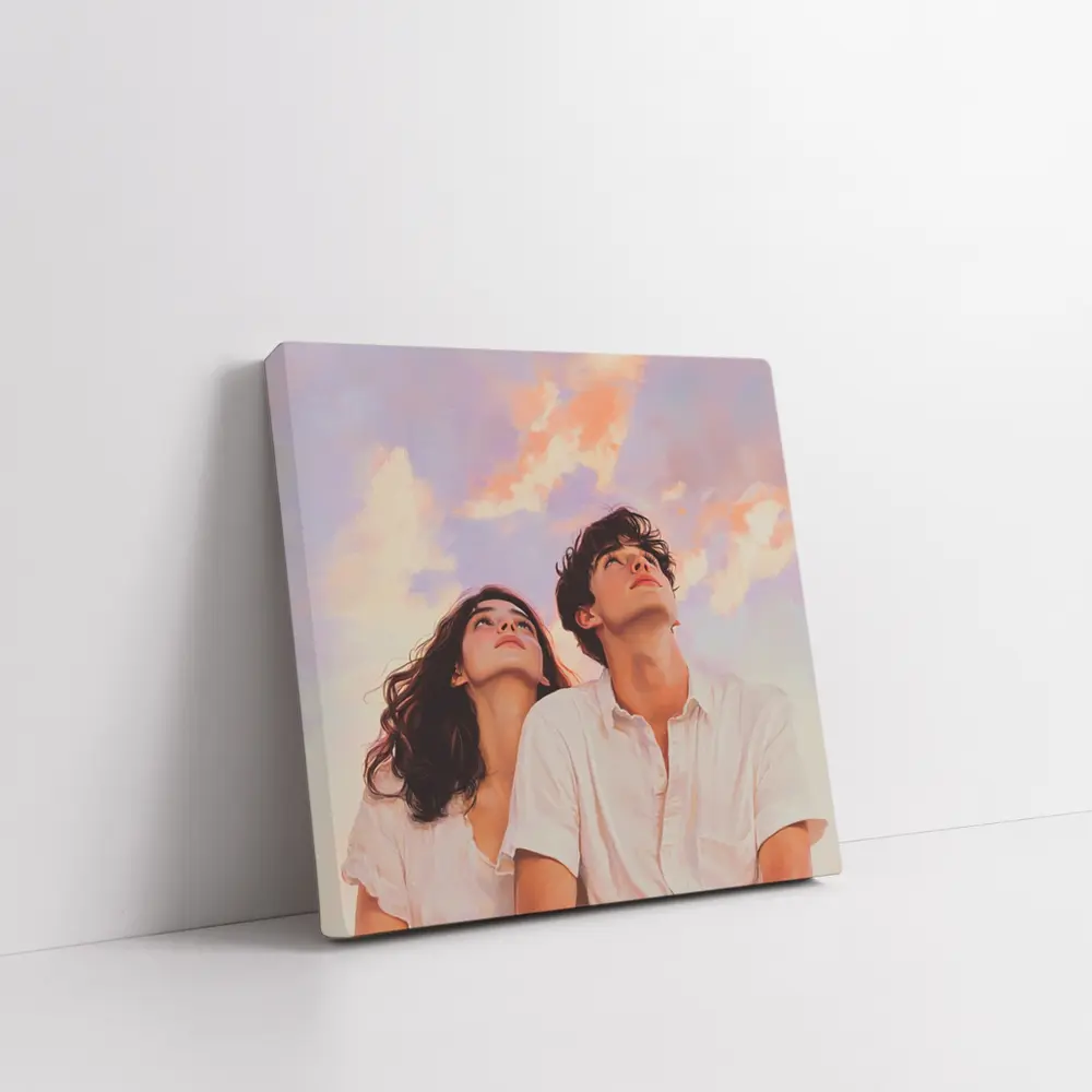 Young Couple Gazing Up Pastel Sky – Wall Art