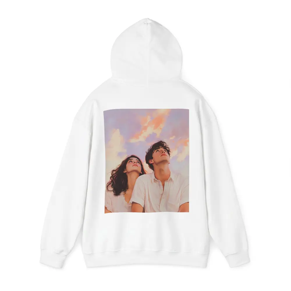 Young Couple Gazing Up Pastel Sky – Hoodies