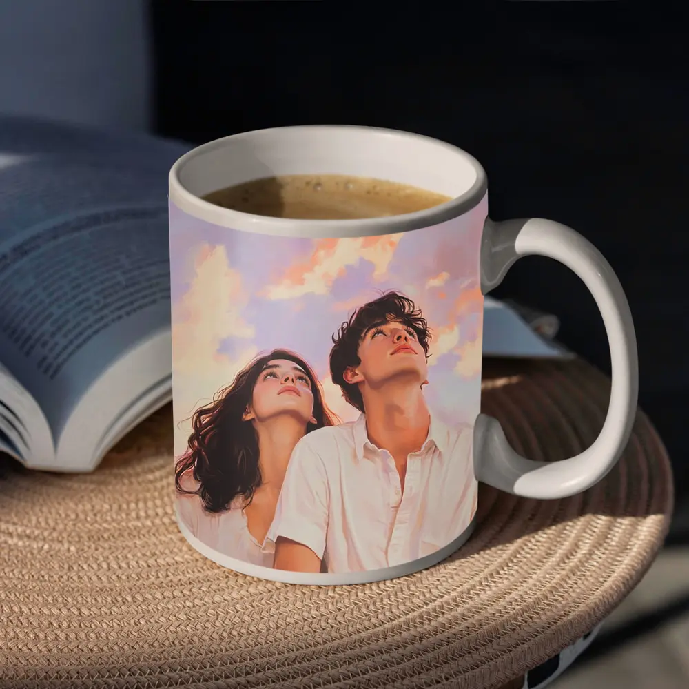 Young Couple Gazing Up Pastel Sky – Mugs