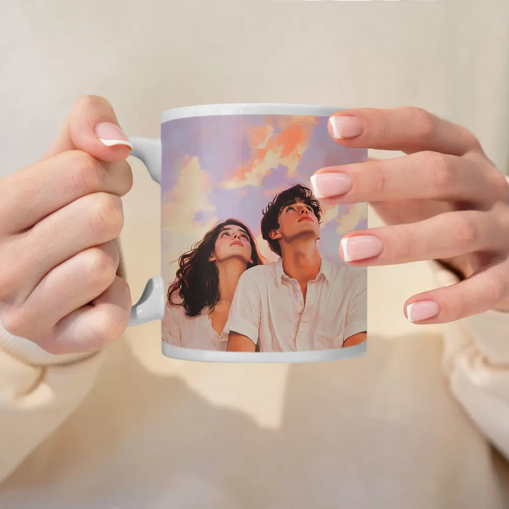 Young Couple Gazing Up Pastel Sky – Mugs