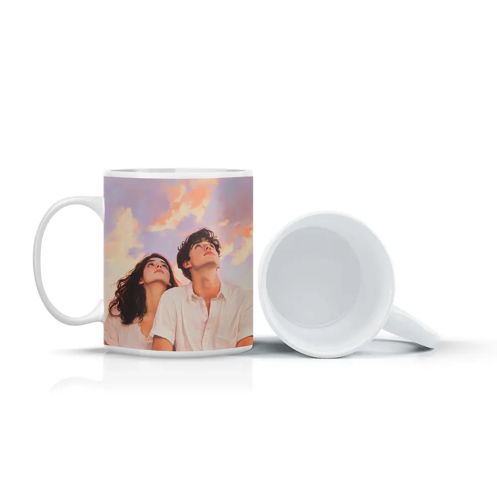 Young Couple Gazing Up Pastel Sky – Mugs