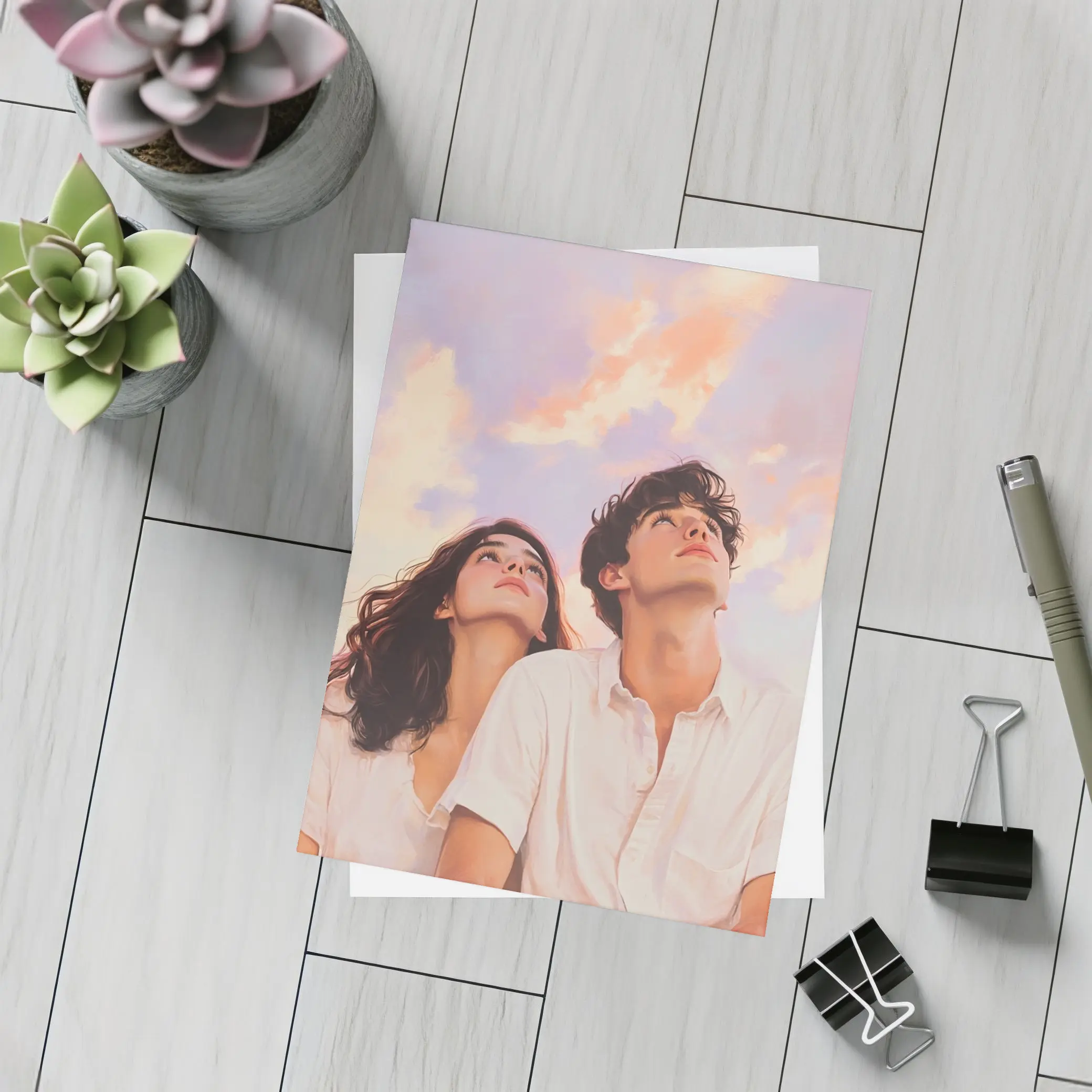 Young Couple Gazing Up Pastel Sky – Postcards