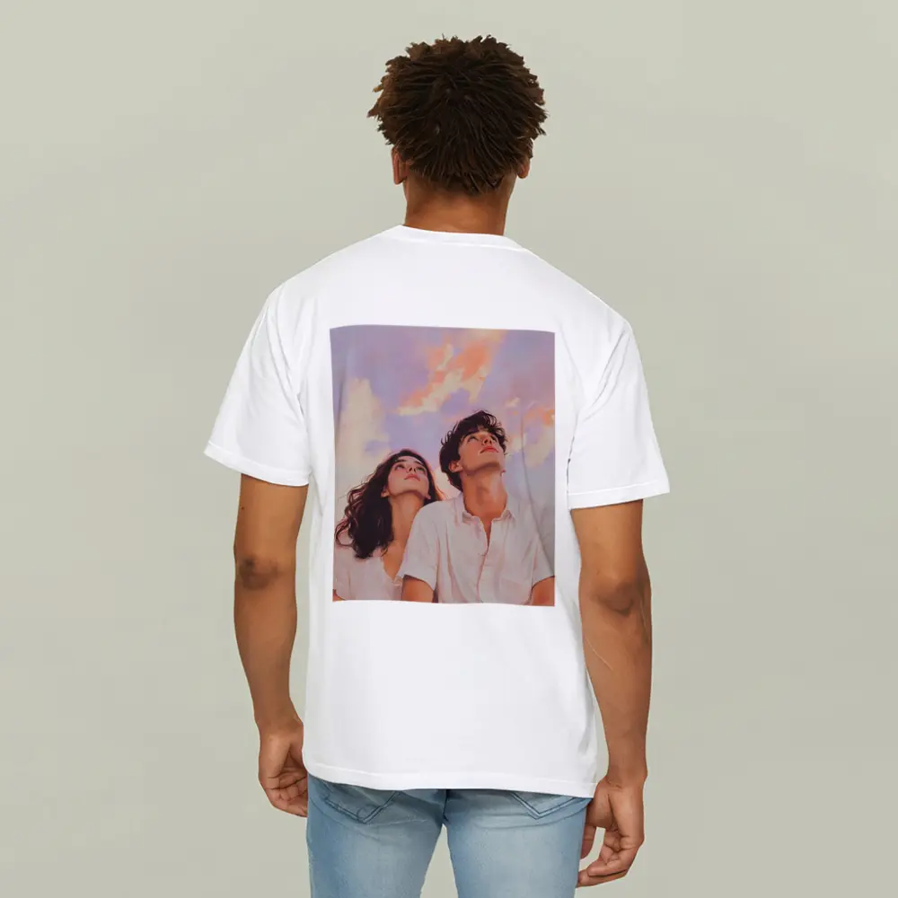 Young Couple Gazing Up Pastel Sky – T-Shirts