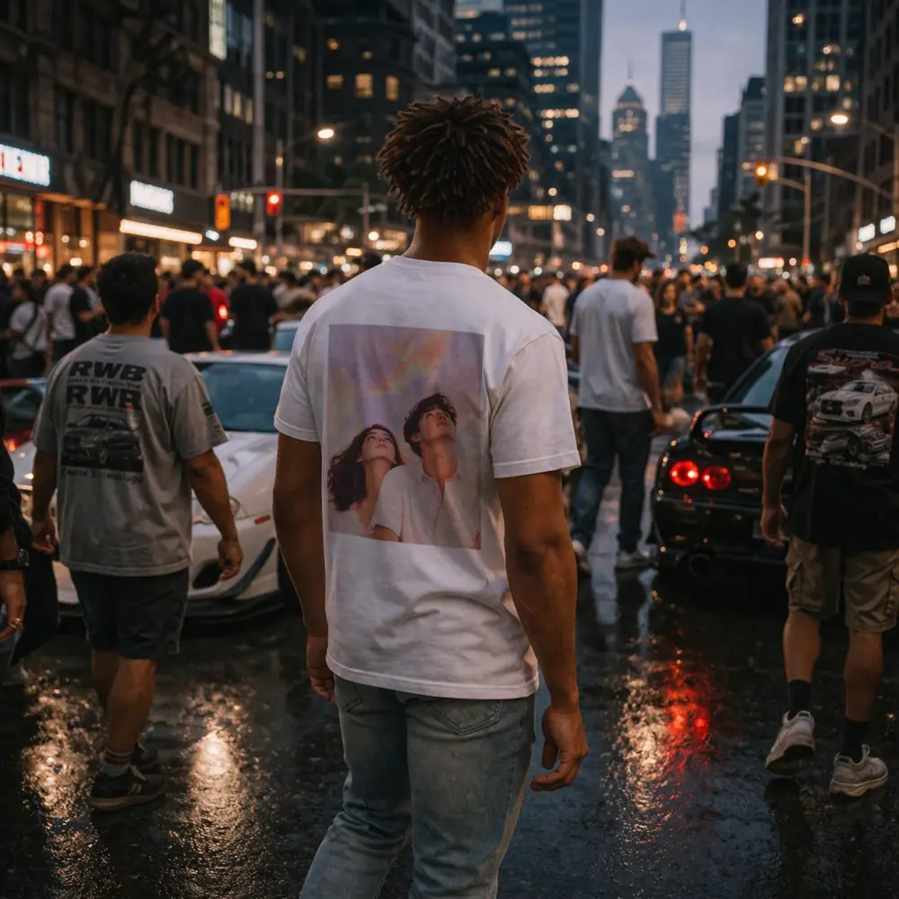 Young Couple Gazing Up Pastel Sky – T-Shirts