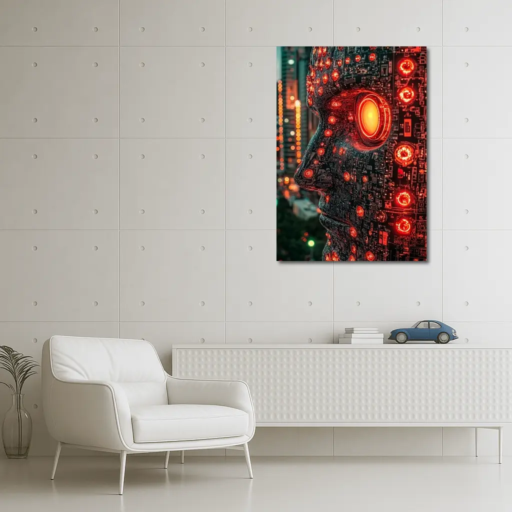 Cyberpunk AI Robot Head City Night – Wall Art