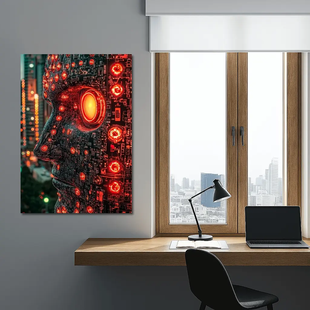 Cyberpunk AI Robot Head City Night – Wall Art