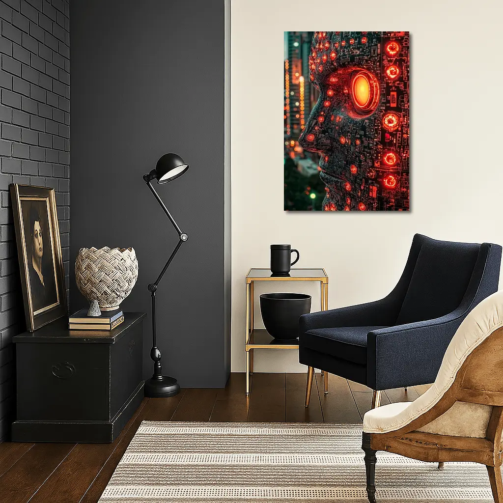 Cyberpunk AI Robot Head City Night – Wall Art
