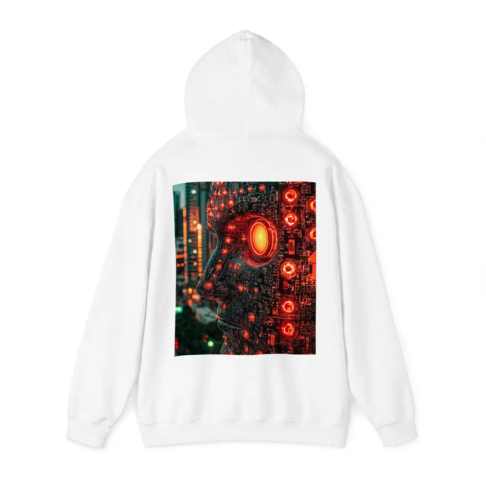 Cyberpunk AI Robot Head City Night – Hoodies