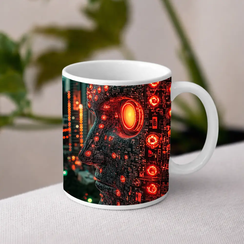 Cyberpunk AI Robot Head City Night – Mugs