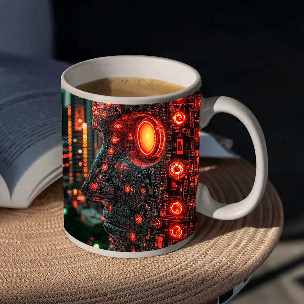 Cyberpunk AI Robot Head City Night – Mugs