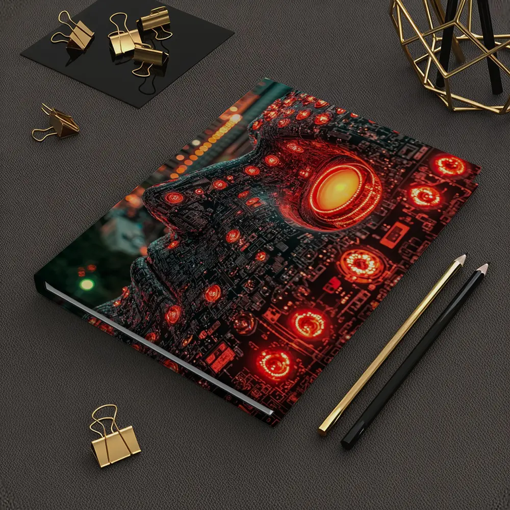 Cyberpunk AI Robot Head City Night – Notebooks