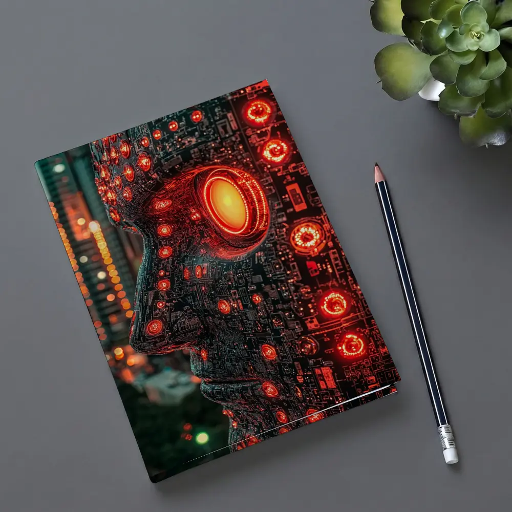 Cyberpunk AI Robot Head City Night – Notebooks