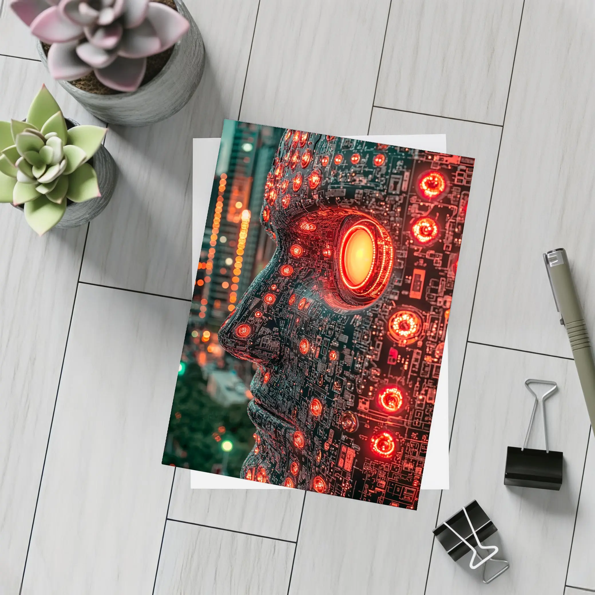 Cyberpunk AI Robot Head City Night – Postcards