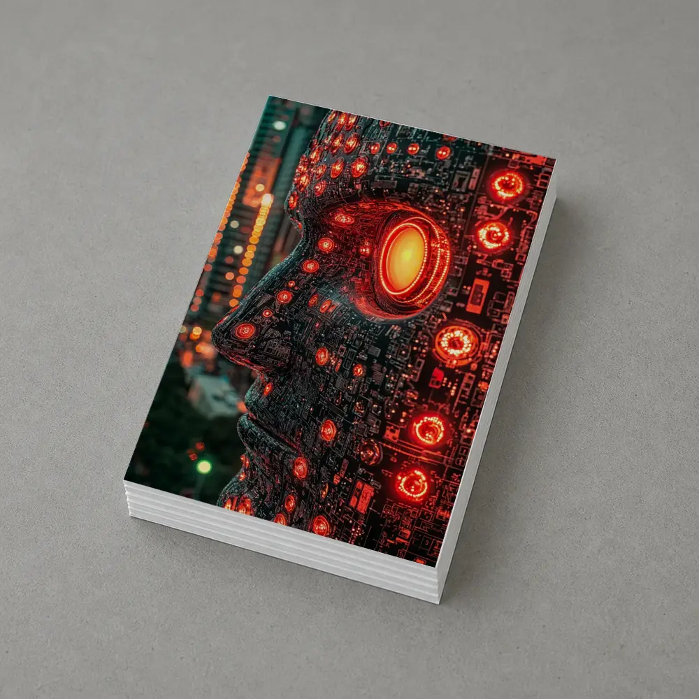 Cyberpunk AI Robot Head City Night – Postcards
