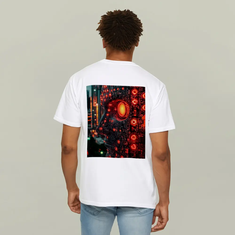 Cyberpunk AI Robot Head City Night – T-Shirts