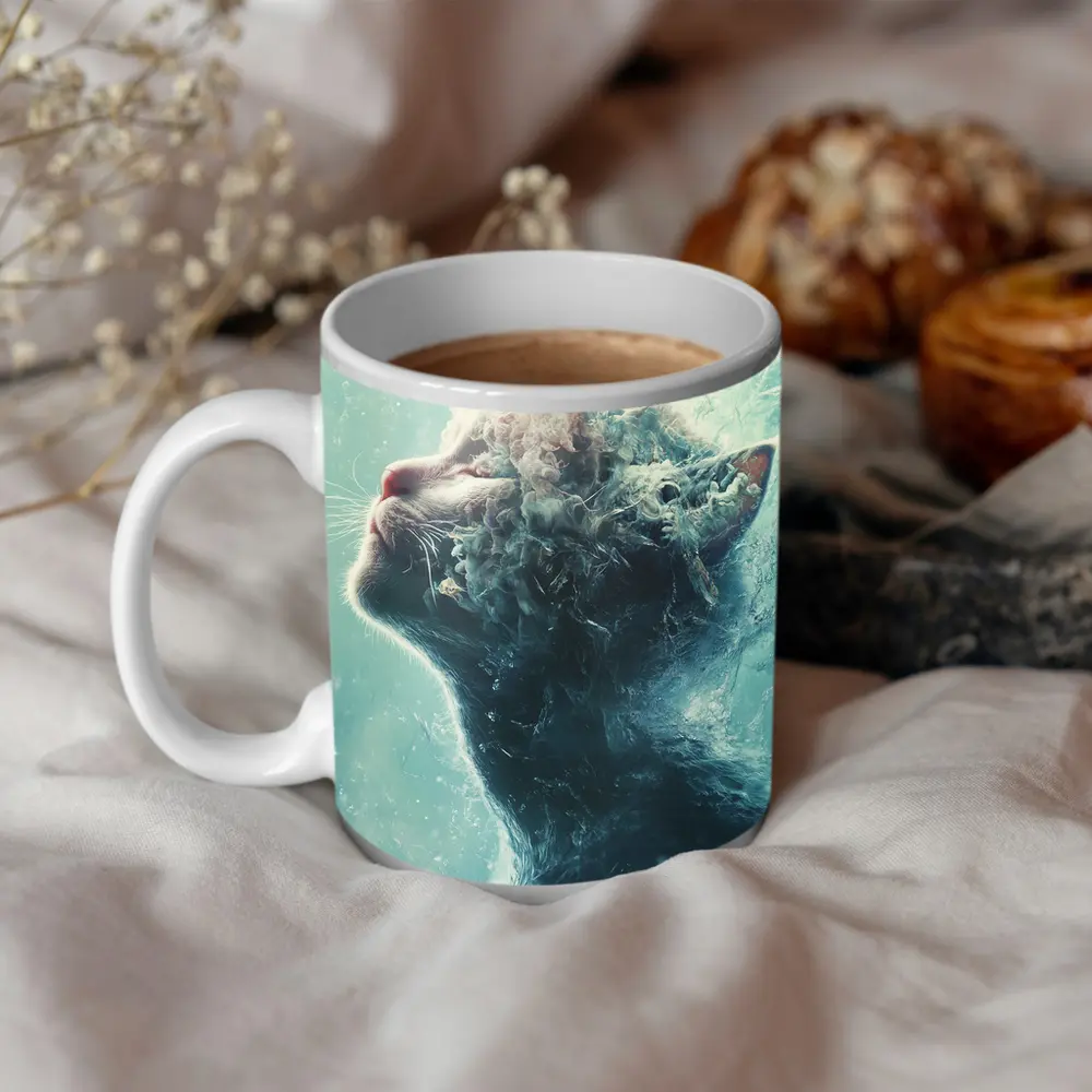 Cat Surreal Water Splash Blue Abstract Art – Mugs