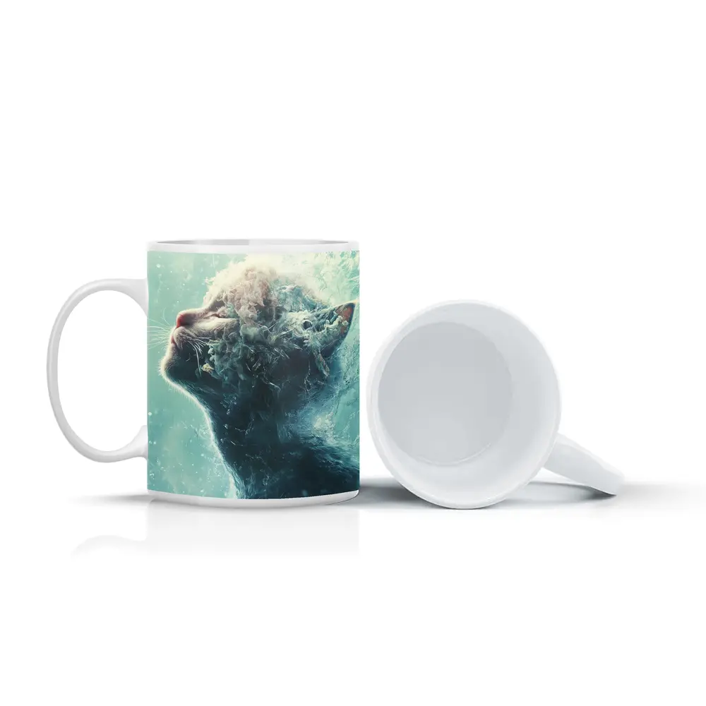 Cat Surreal Water Splash Blue Abstract Art – Mugs