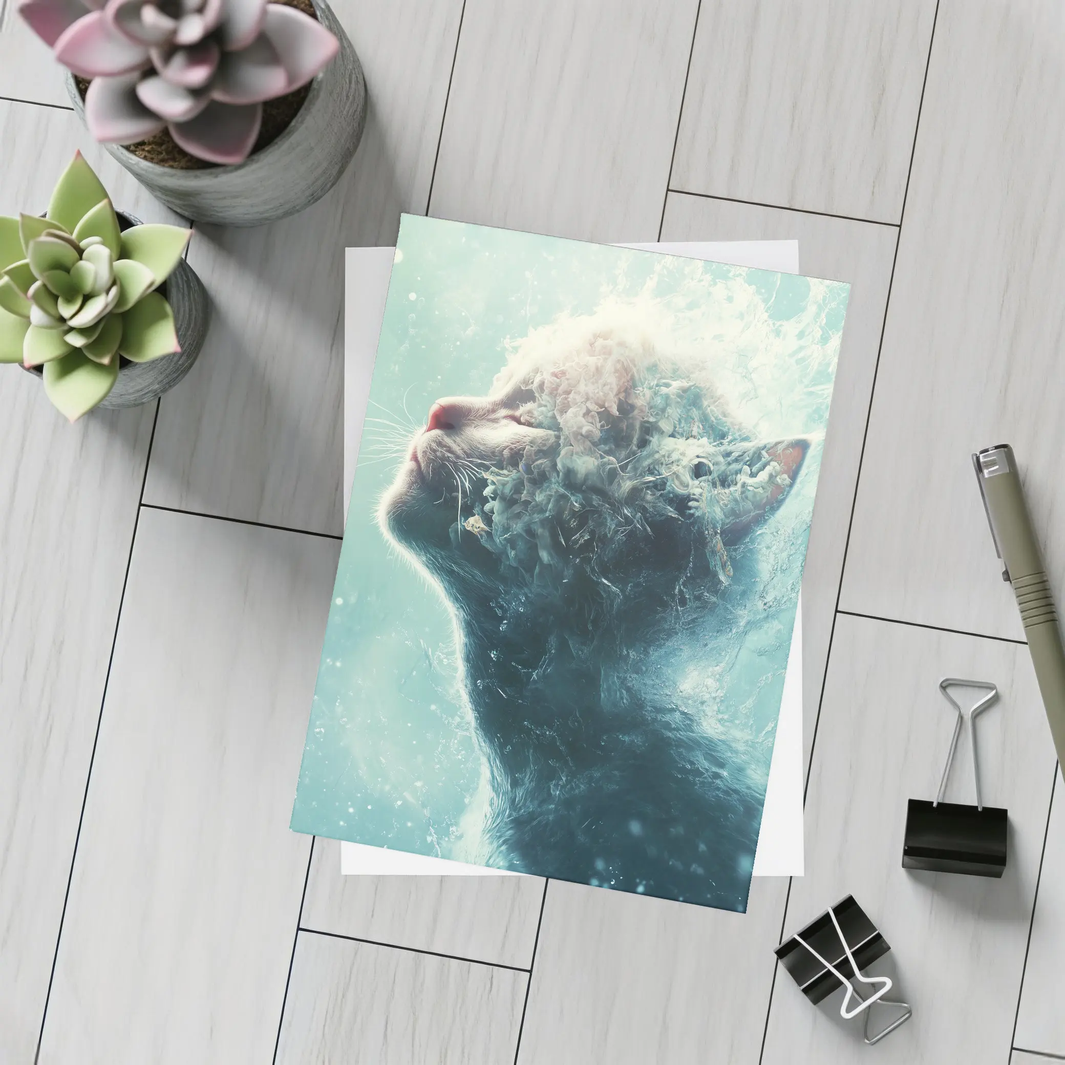 Cat Surreal Water Splash Blue Abstract Art – Postcards