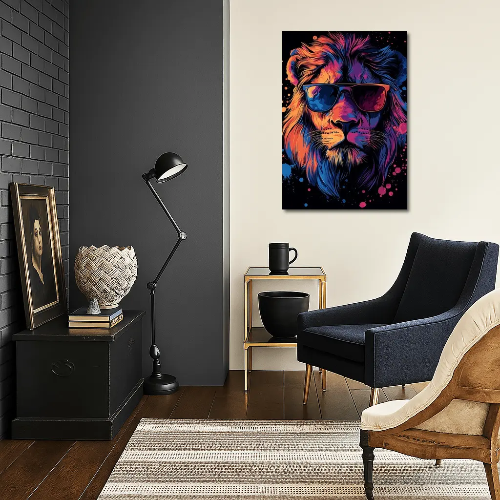 Cool Lion Wearing Sunglasses Neon Splatter – Wall Art