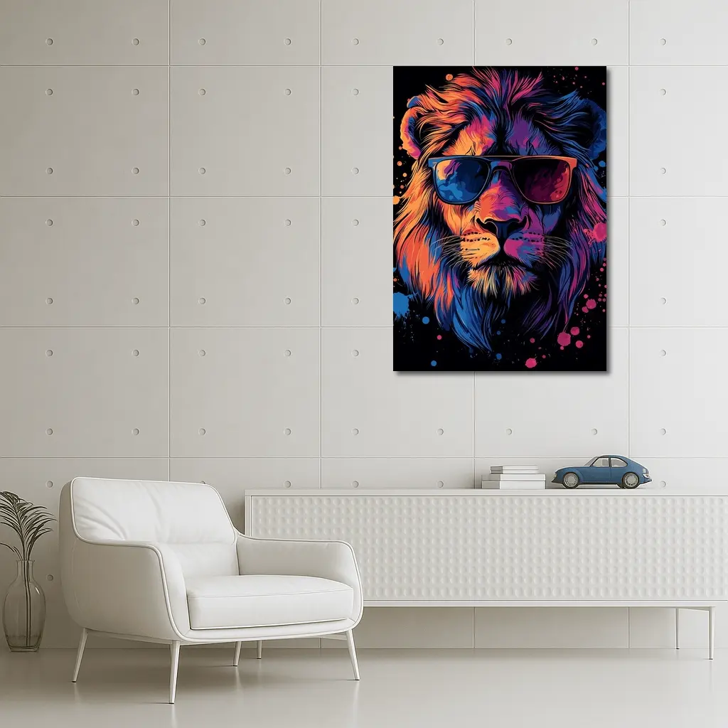 Cool Lion Wearing Sunglasses Neon Splatter – Wall Art