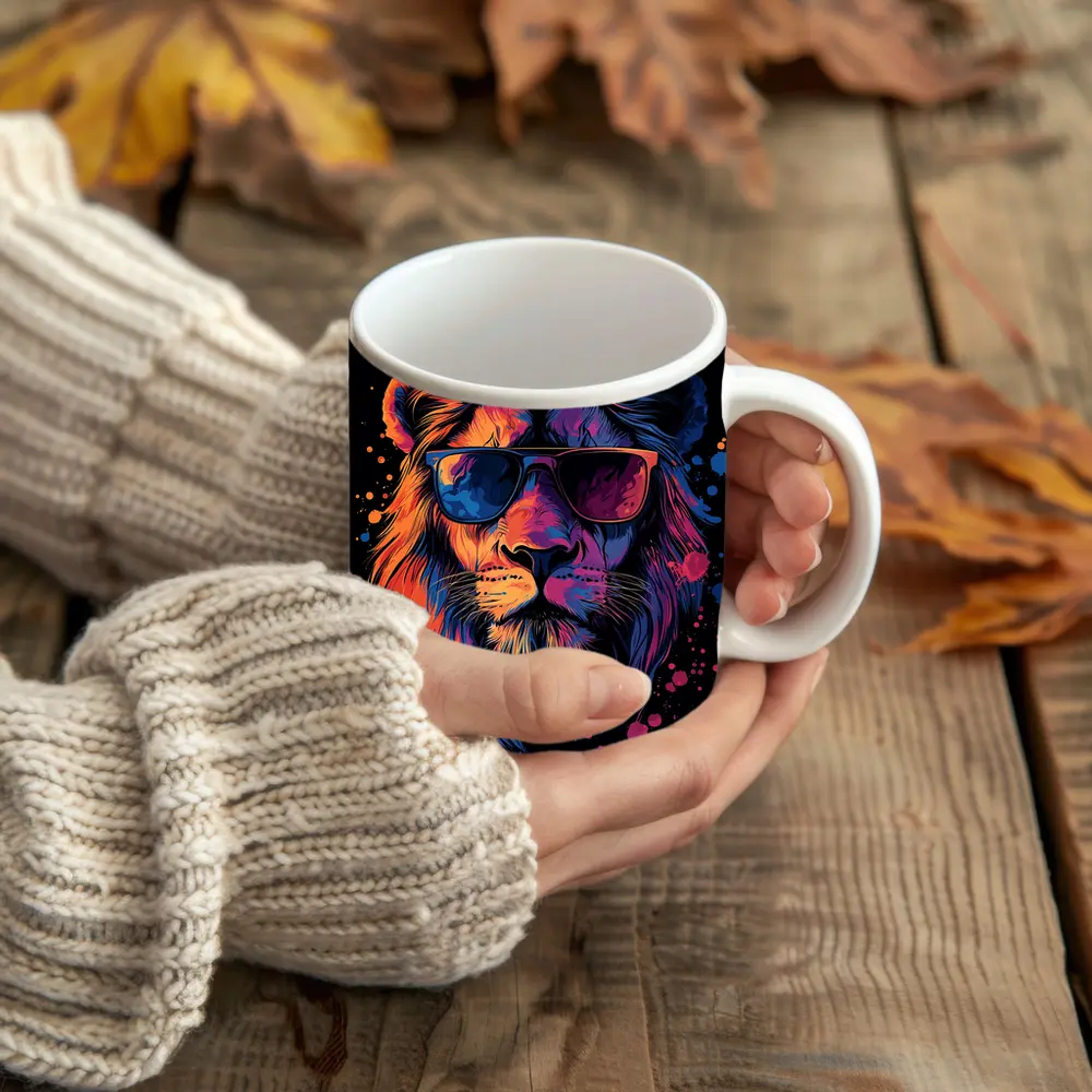 Cool Lion Wearing Sunglasses Neon Splatter – Mugs