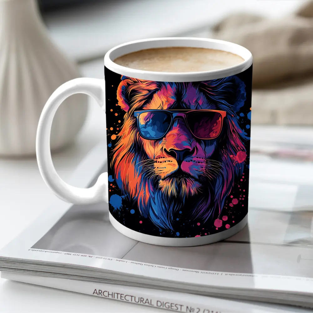 Cool Lion Wearing Sunglasses Neon Splatter – Mugs