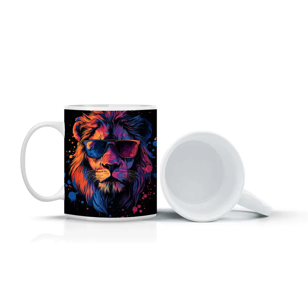 Cool Lion Wearing Sunglasses Neon Splatter – Mugs