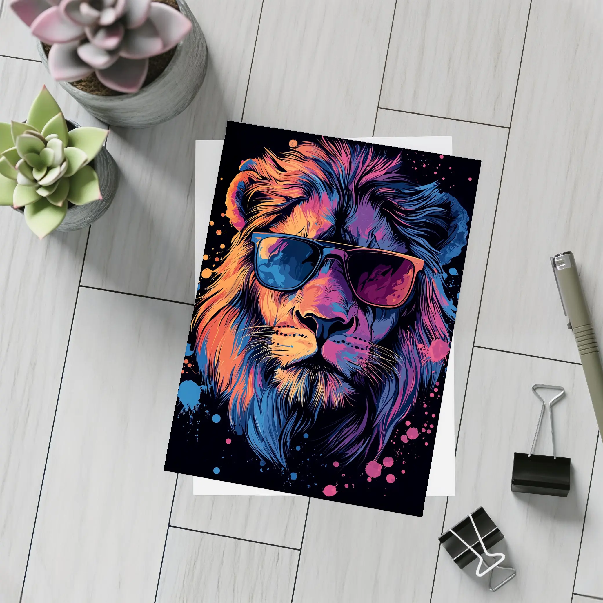 Cool Lion Wearing Sunglasses Neon Splatter – Postcards
