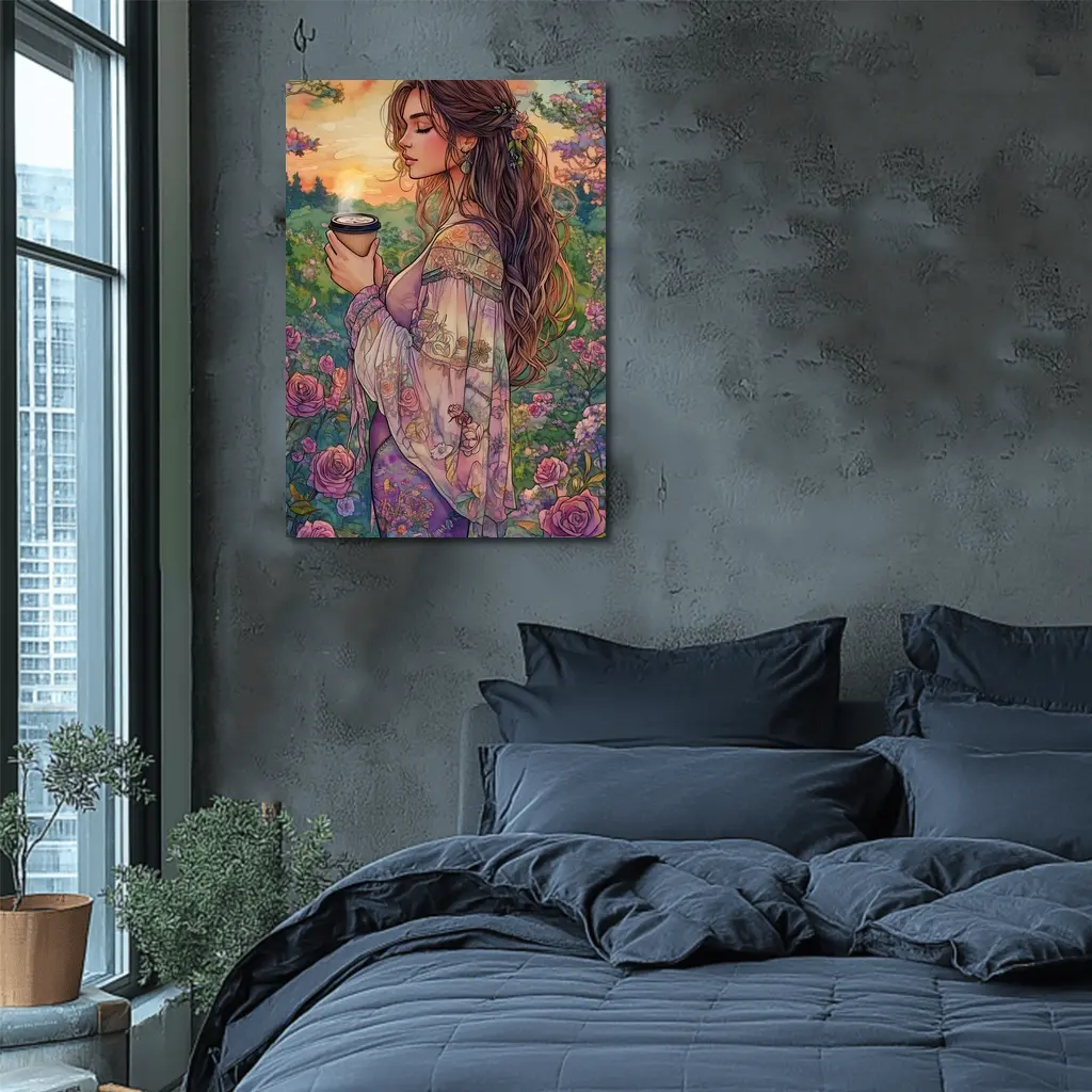Boho Woman With Coffee Among Garden Roses – Wall Art