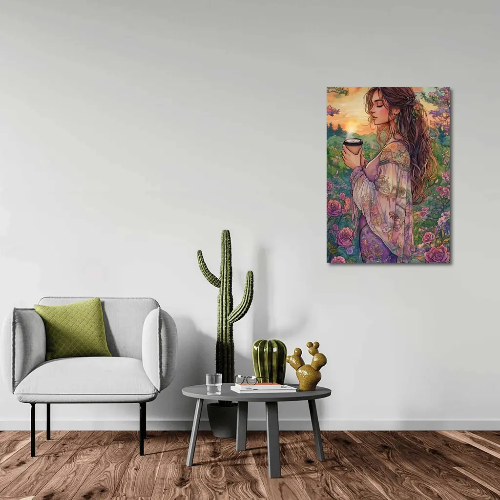 Boho Woman With Coffee Among Garden Roses – Wall Art