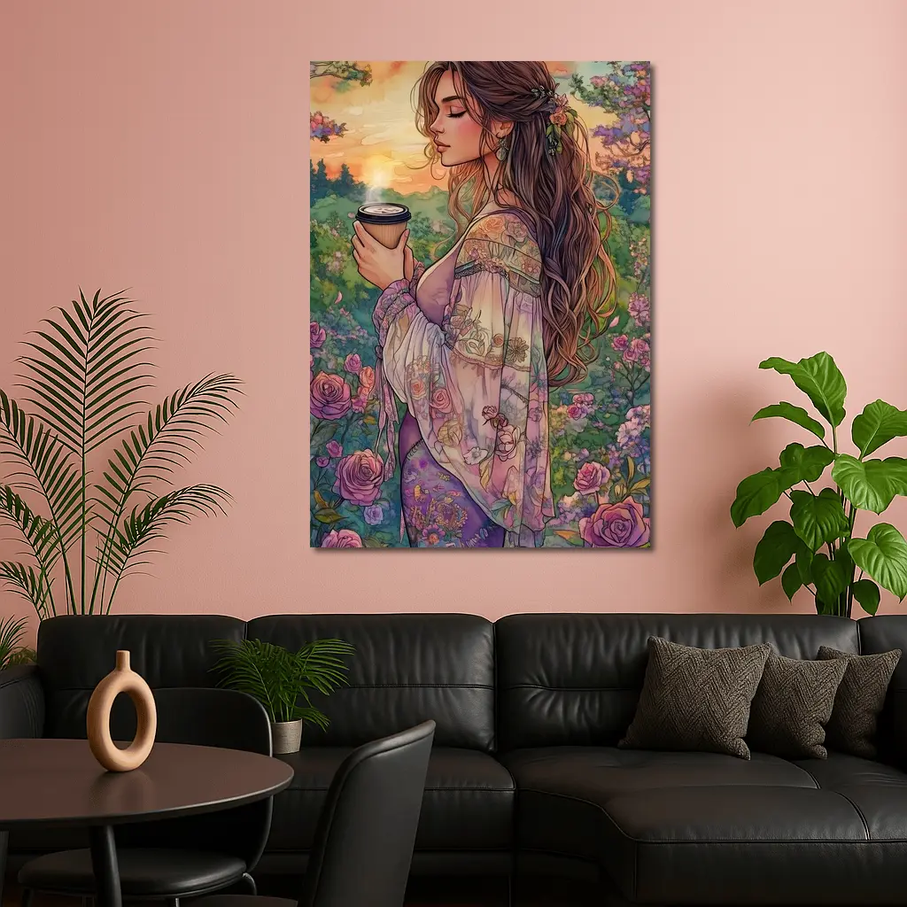 Boho Woman With Coffee Among Garden Roses – Wall Art