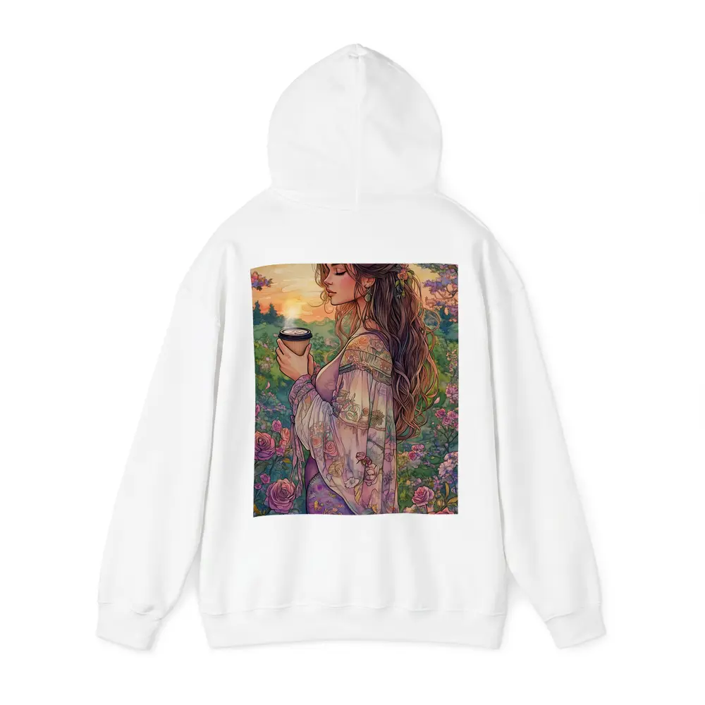 Boho Woman With Coffee Among Garden Roses – Hoodies