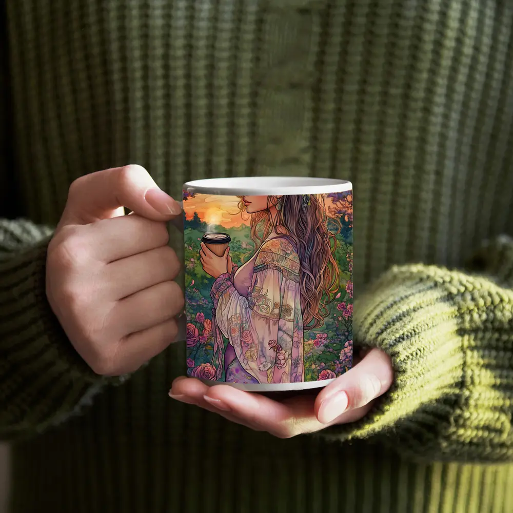 Boho Woman With Coffee Among Garden Roses – Mugs