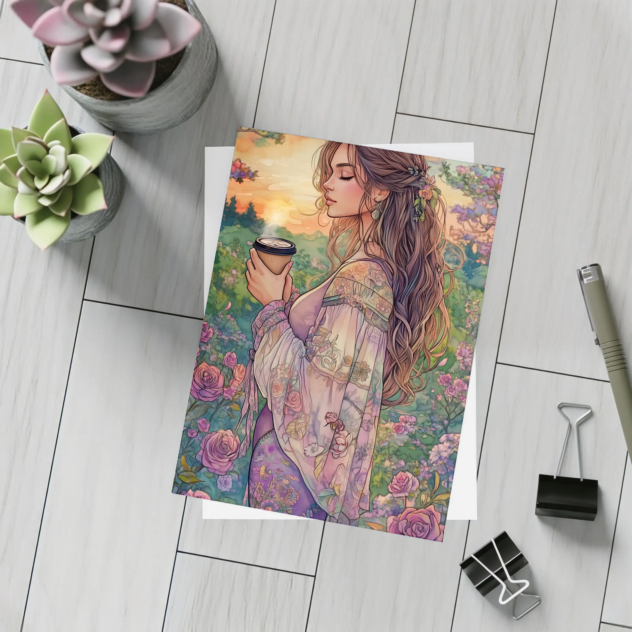Boho Woman With Coffee Among Garden Roses – Postcards