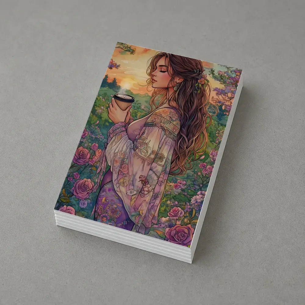 Boho Woman With Coffee Among Garden Roses – Postcards