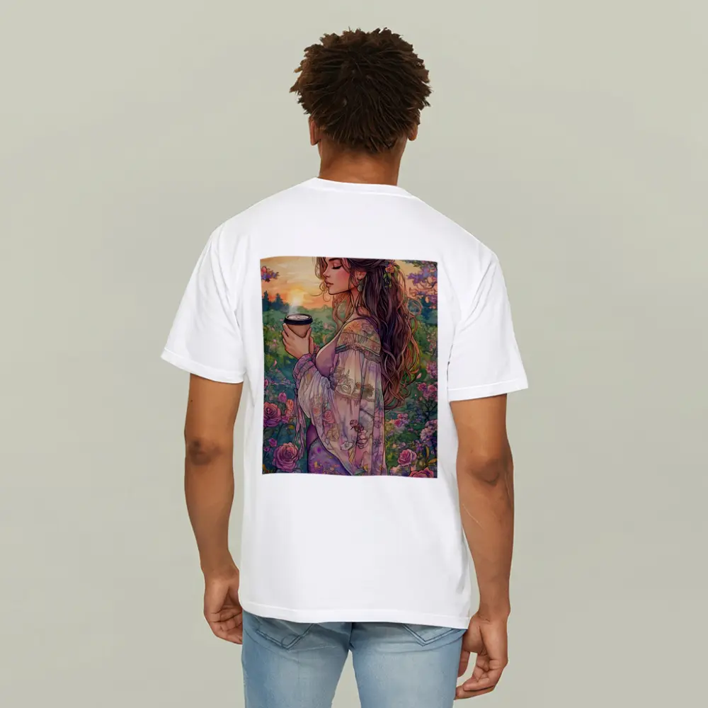 Boho Woman With Coffee Among Garden Roses – T-Shirts