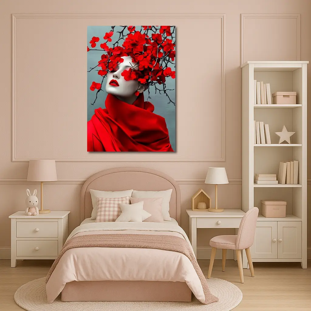 Woman Red Flowers Dark Branches Gray Background – Wall Art