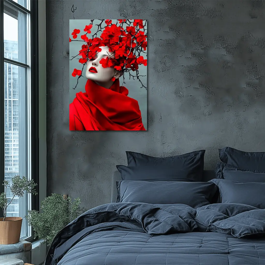 Woman Red Flowers Dark Branches Gray Background – Wall Art