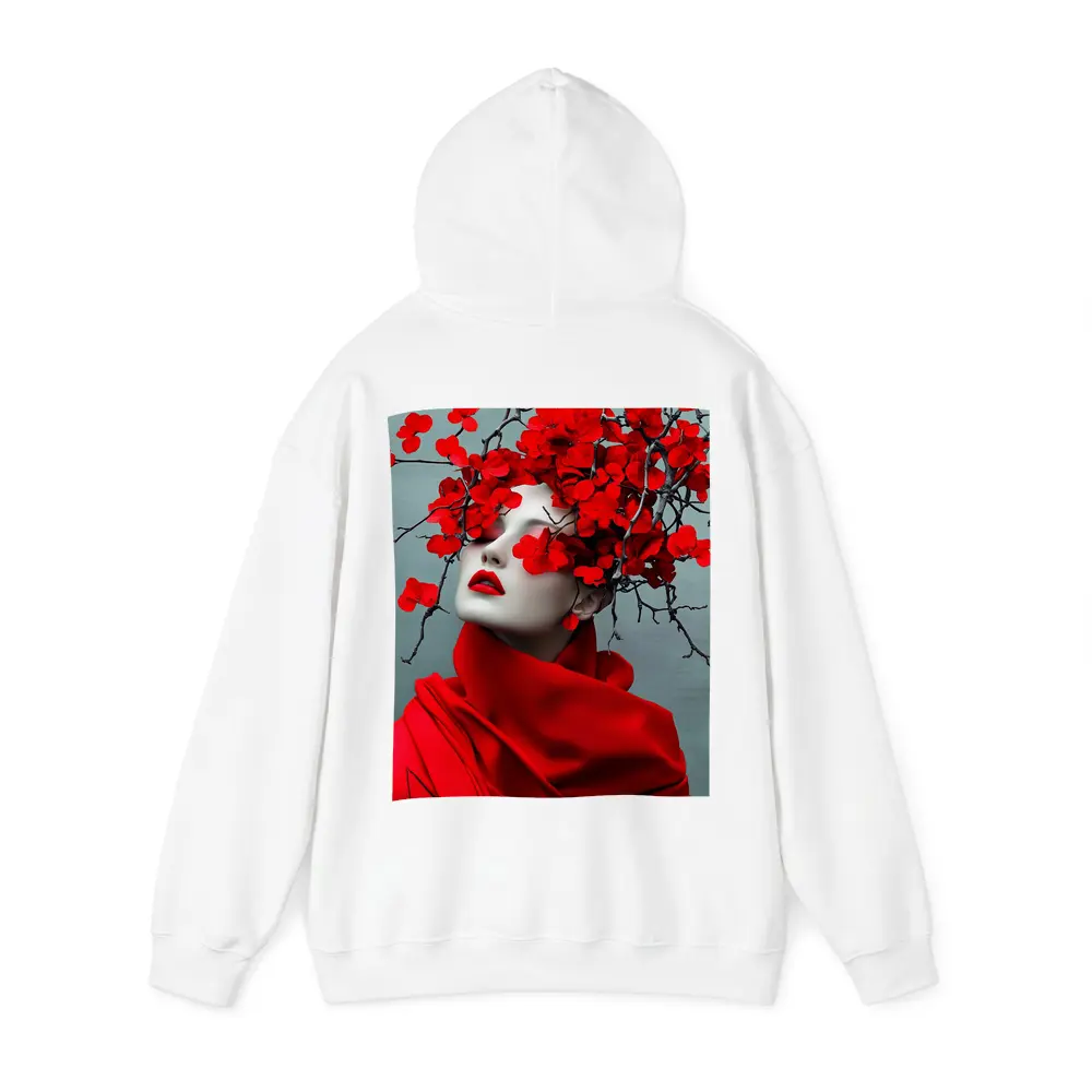 Woman Red Flowers Dark Branches Gray Background – Hoodies