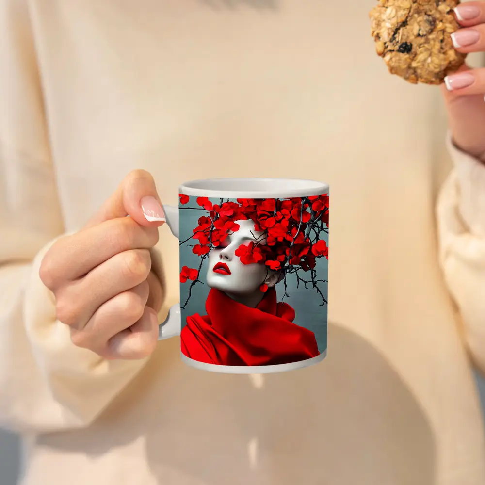 Woman Red Flowers Dark Branches Gray Background – Mugs