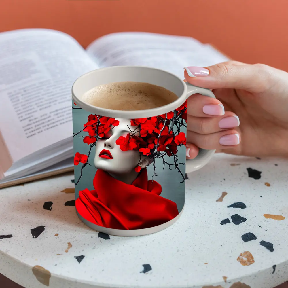 Woman Red Flowers Dark Branches Gray Background – Mugs