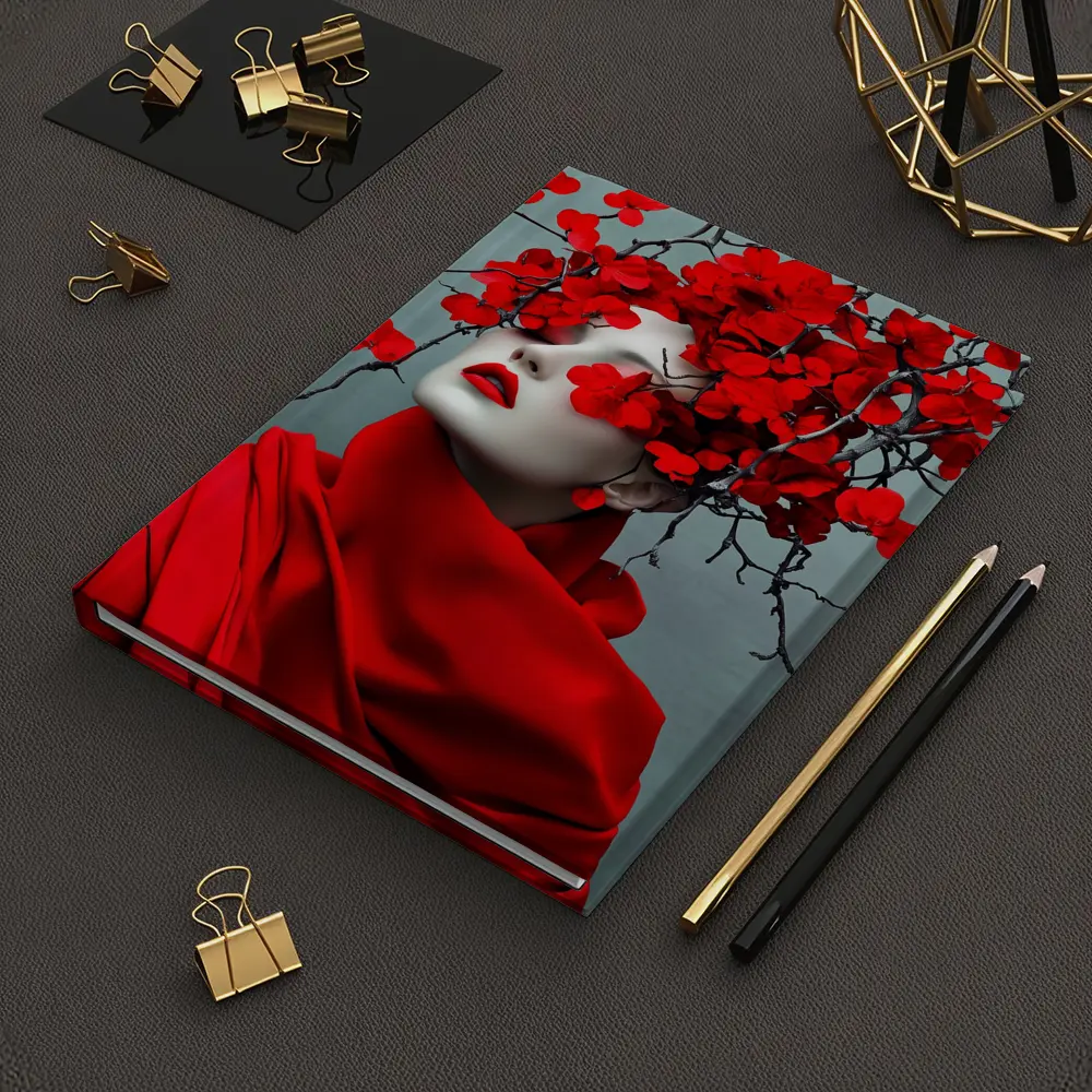 Woman Red Flowers Dark Branches Gray Background – Notebooks